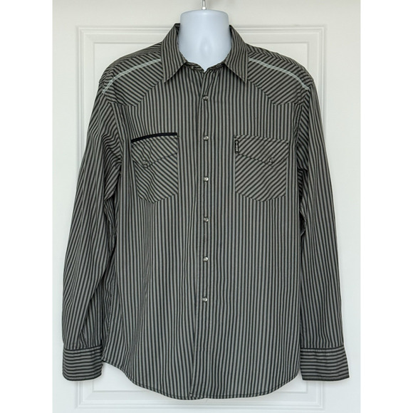 CINCH Men's Western Modern Fit Pearl Snap Long Sleeve Shirt Gray Stripe Sz L EUC - Picture 1 of 15